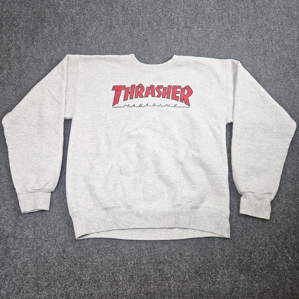 Thrasher Magazine Sweatshirt Mens S Gray Red Logo Skater Streetwear Pullover